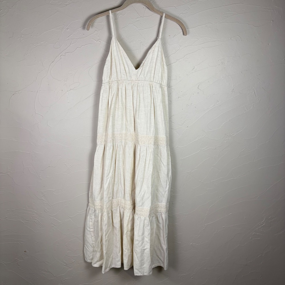 Sim & Sam Tiered Maxi Dress Cream Boho Cotton Linen Crochet Lace Natural Small - Picture 3 of 11